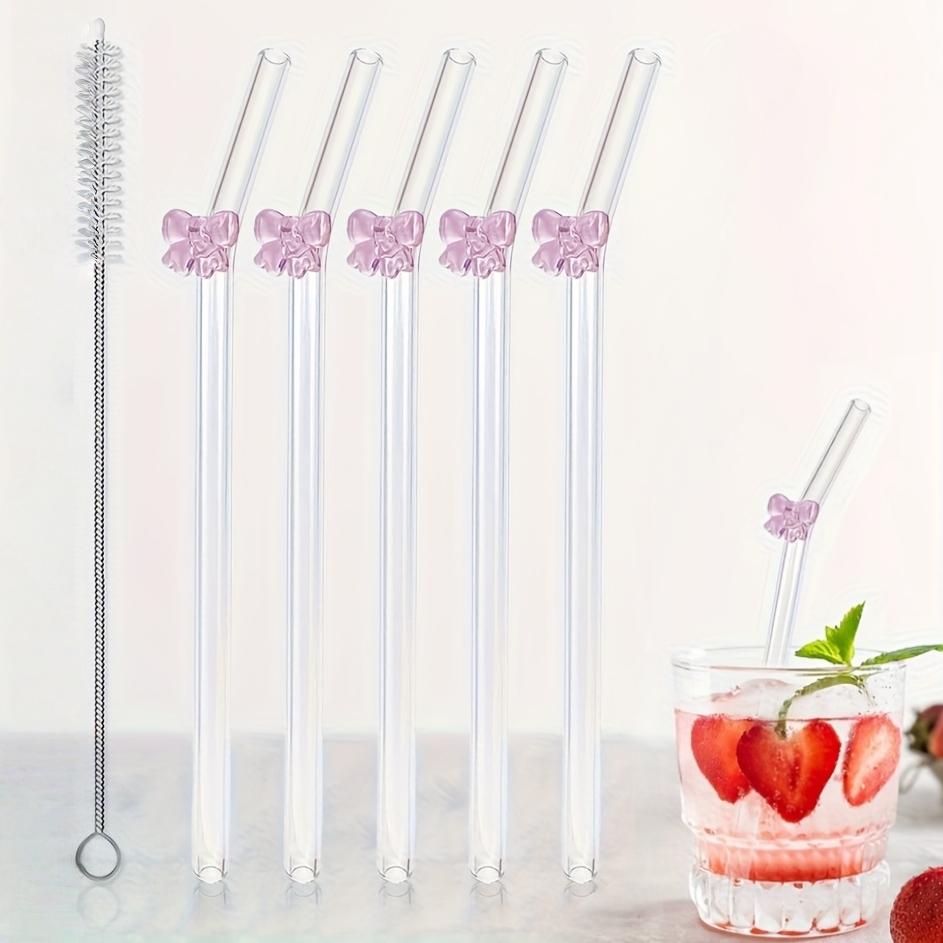 TEMU 5-pack Reusable Borosilicate Glass Straws With Cleaning Brush | Decorative Pink , Dishwasher Safe, Transparent & Durable For 20oz Tumblers, Smoothies, Cocktails, Weddings, Party Decor