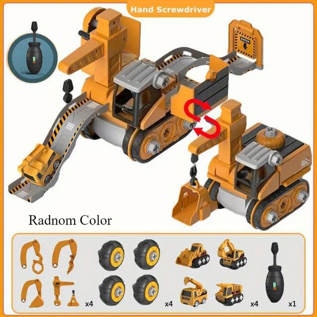 TEMU Disassembly And Assembly 4-in-1 Deformation Scene Engineering Vehicle Model Storage Sliding Track Excavator Crane Toy Christmas Birthday Holiday Gift, Random Colors