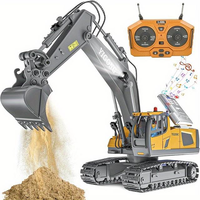 TEMU Remote Control Excavator Toy, Rechargeable 11 Channel 2.4ghz Rc With Metal Shovel For Kids, 680° Rotation With Lights And Sound- 1/20 Scale Digger For Boys 6-12