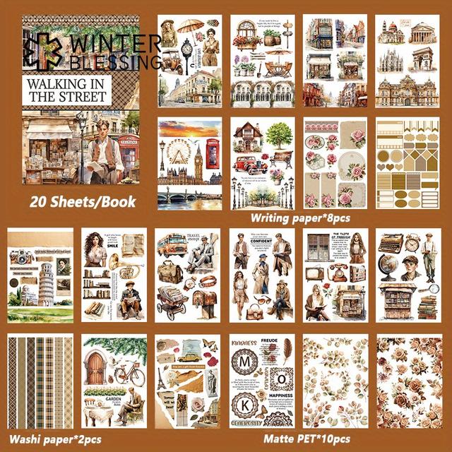 TEMU 20 Sheets Large Size Walking In Sticker Book Waterproof Dual-material Vintage House Washi Pet Stickers Set For Scrapbooking Decoratio