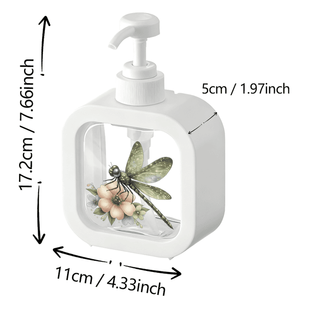 TEMU Bathroom Dispenser With Hand Pump - A Perched On A Pink Flower, Surrounded By Small Light Blue And Beige Flowers. The Overall Fresh And Aesthetic, Suitable For And Use In Bathrooms