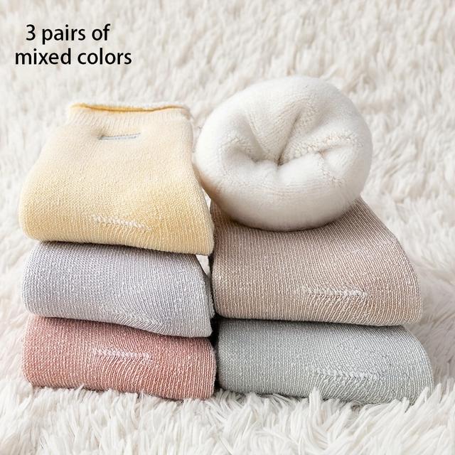 TEMU 3足セット 女性用 厚手フリース裏地 冬用ソックス - ラウォーム フリース、無地刺繍デザイン、寒い天候向けカジュアルスノーソックス、手洗い可能、厚手で暖かい、快適な冬の履き心地、刺繍入りソックス、柔らかいテクスチャー