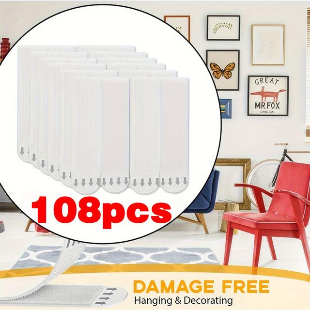 TEMU 108pcs No-drill Picture Hanging Strips - Dual-sided Removable Wall Hooks, Waterproof Adhesive Mounting Tabs With Labels, Damage-free For Frames, Artwork, Photos & Christmas Decor