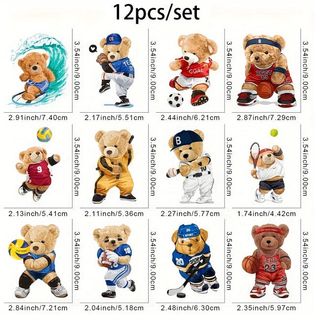 TEMU 12 Teddy Bear Heat Transfer Stickers For Sports, Dtf Decals, Washable Plastic Transfers, Ideal For Projects On T-shirts, Masks, Jeans, And Backpacks