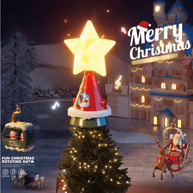 TEMU Automatische Roterende Kerstboomtopper met Muziek & - - Draaiende Stervormige Lichtshow, Sneeuwvlok & Bel Decoraties, /Buiten Kerstboomversiering, Stekkerloos Feestcentrum (-Vrij, Laag Voltage)