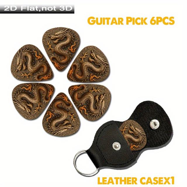 TEMU 6 unidades de plectros de guitarra 2D planos con metálica, elegante de , diseño de llama vívido y estuche de cuero negro - Regalo perfecto para del Trabajo o , que muestra estilo y único