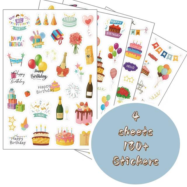 TEMU Geburtstagsparty Sticker Set - 4 Bögen Einweg-Papieraufkleber mit über 130 Aufklebern, darunter Geburtstagstorten, Ballons, Geschenke und Bannern, perfekt für Bastelarbeiten und Partydekorationen