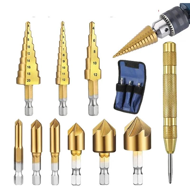 TEMU Conjunto de 12 Brocas com Bolsa para Armazenamento, Incluindo Escalonadas, Punções Centrais, Ponta Triangular para Madeira, 5 Furos Chanfrantes e Alargador Dowel