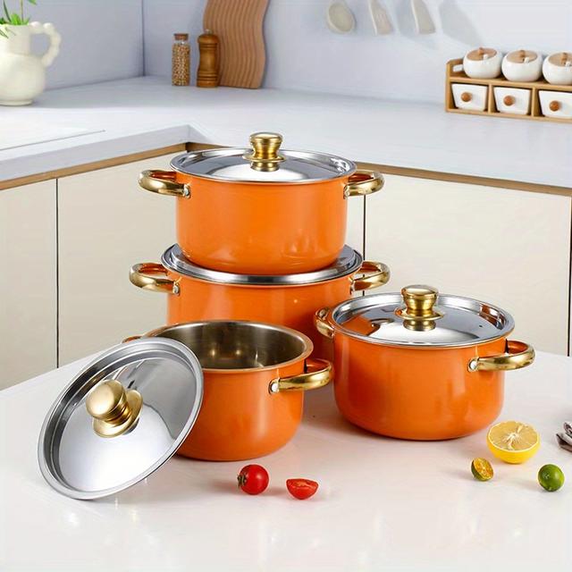 TEMU 10pcs Heavy-duty Stainless Steel Pot Set, Including 5 Stainless Steel Pots And 5 Transparent Lids, With Glass Lids & Golden Handles - Durable & Dishwasher Safe Cookware For Home, Dorms & Camping