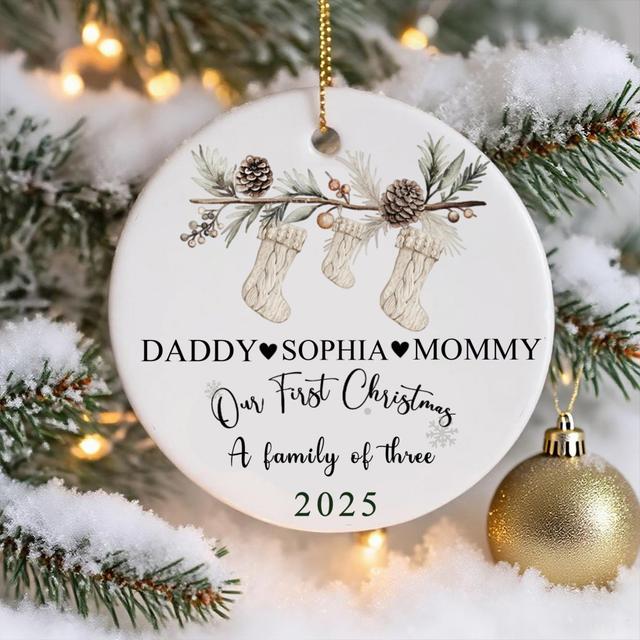 TEMU Personalized "our First Christmas As A Family Of Four" Ornament - Names & Date, Stocking Pattern Keepsake With No. 4 Name/initials - Battery-free Round Holiday Decoration For New Parent Gifts
