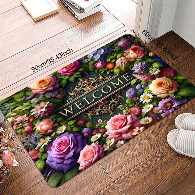 TEMU 1pc Long-haired Flannel + 1 Cm Sponge Base Entrance Floor Mat, Welcome Home - Colorful Printed Rug, Polyester Non-slip Floor Mat, Suitable For Indoor And Outdoor Use, Kitchen Floor Mat, Foot Mat