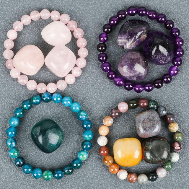 TEMU 4개 세트 천연석 팔찌 세트 - 우아한 스타일, 파란 아파이트, 자수정, 로즈 쿼츠, 인도 아게이트, 일상 착용이나 선물용으로 완벽, 일상 착용 팔찌| 스타일 팔찌|천연석 팔찌, 주얼리