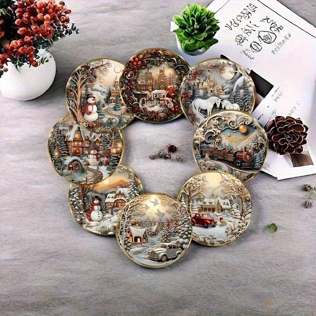 TEMU 8 szt. Drewniane Podkładki Świąteczne, Mata Termoizolacyjna do Kawy i Napojów, Dekoracja Domowa i Restauracyjna, Idealne na Kolekcjonowanie