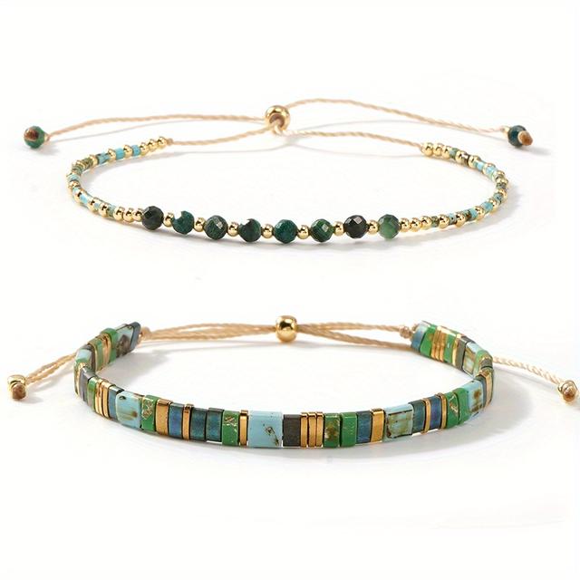 TEMU A Set Of 2 Women's Bohemian Style Layered Bracelets Featuring Green Glass Beads And Semi-, Adjustable For Everyday Casual Wear, Perfect As A Gift For A