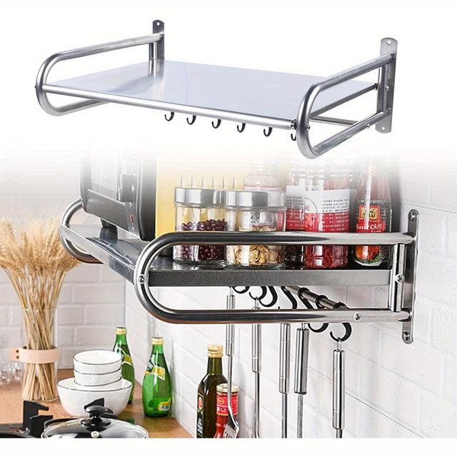 TEMU Soporte para microondas de acero inoxidable, estante para microondas, estante de pared, estante para cocina, soporte para microondas, soporte de pared con 6 ganchos, soporte para horno
