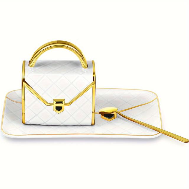 TEMU 10oz Ceramic Coffee Cup, With Spoon And Plate, Handbag Shape , Elegant Handbag Shape Coffee Cup, Suitable For Breakfast, Afternoon Tea, Home, Garden, Restaurant, Back-to-school Gif