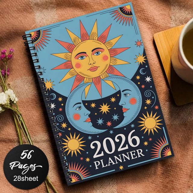 TEMU สมุดโน้ตธีมท้องฟ้า 1 เล่ม แบบสปิรัล เหมาะสำหรับใช้ในมหาวิทยาลัยและสำนักงาน ดีไซน์เรโทรสุดล้ำลึกลับ มีสีสันสดใส ลายพระอาทิตย์ พระจันทร์ครึ่งเสี้ยว ดาว และสปิรัล เหมาะสำหรับใช้เป็นเครื่องเขียน