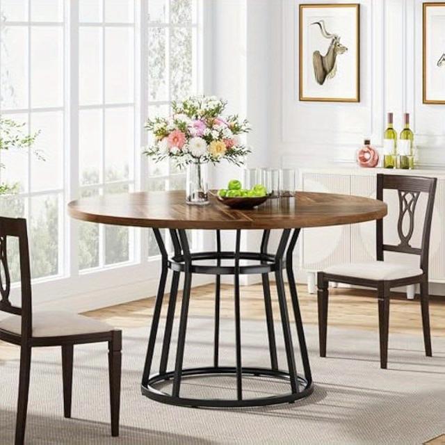 TEMU Circle Dining Table With Metal Base, Round Dining Table For 4 People, 120cm Round Kitchen Table For Living Room Kitchen Dining Room