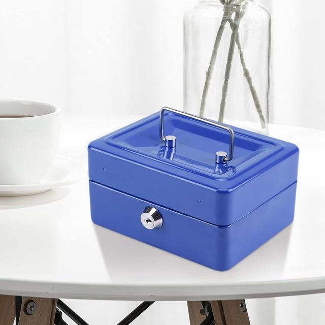 TEMU 6" Lockable Metal , Portable Money Tin With 2 Keys And Removable Change Tray, For Kids, Office, Shop, Or Home (blue)