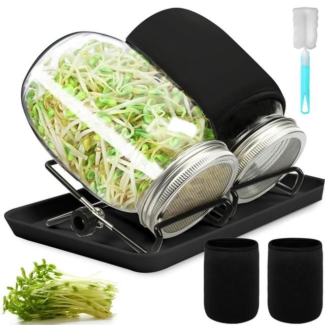 TEMU 2 Stück 1000ml Keimglas-Set mit Siebdeckel, 2-fach Lichtschutz, Tablett Edelstahlhalterung – Praktisches Gartengerät für Sprossenzucht