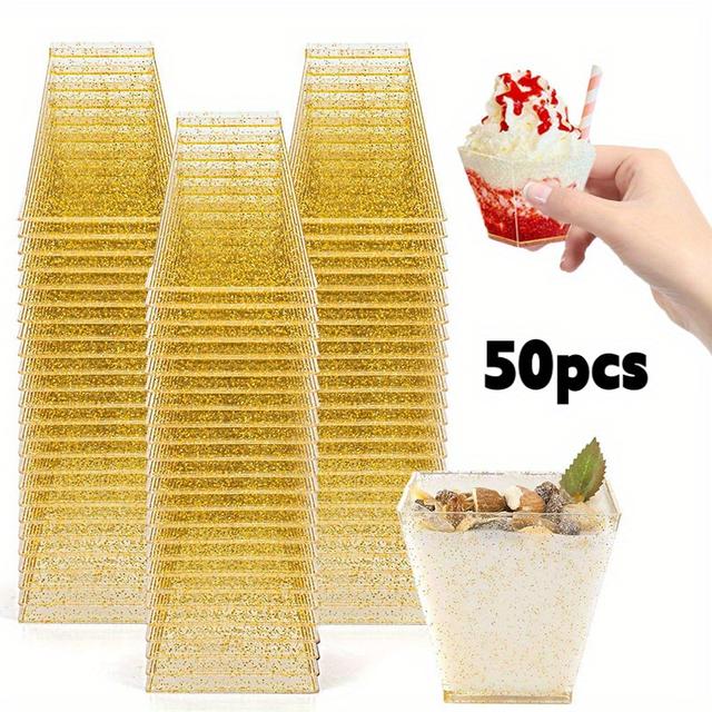 TEMU 50pcs 2-ounce Mini Golden Glitter Dessert Cups, Square Clear Plastic Party Cups For Appetizers, Birthday Parties Or Weddings – Reusable Transparent Banana Pudding Bowls For Halloween & Christmas