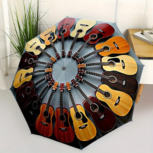 TEMU ร่มพับลายวงกลมกีตาร์ 8 ซี่เหล็ก ด้ามพลาสติก เปิดปิดอัตโนมัติ พกพาง่าย กันลม เหมาะสำหรับช้อปปิ้ง ท่องเที่ยว และใช้ในชีวิตประจำวัน A208