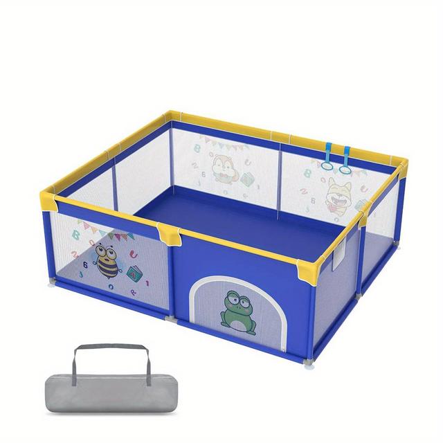 TEMU Kinderlaufstall mit 50 Spielbällen, 1 Krabbelgitter und 4 Zugringen – Tragbarer Kleinkind-Laufstall in Blau, Tierdesign