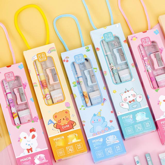 TEMU Colorful 5pcs Stationery Set For Students - Pencils, Ruler, Erasers, Sharpener - Ideal Birthday Gift