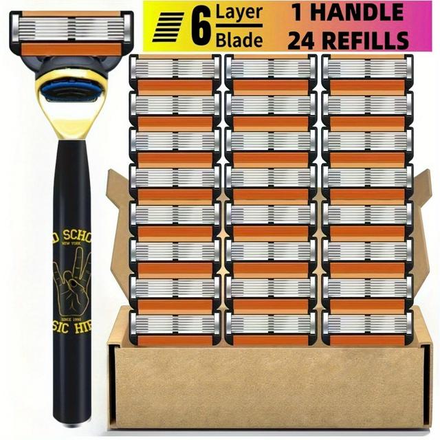 TEMU Premium Men's Manual Shaving Kit With A 6-layer Blade, Including 1 Handle And 24 Replacement , Made From Durable Metal, Featuring Reusable , An Essential Grooming Tool For Men, And An Gift Option