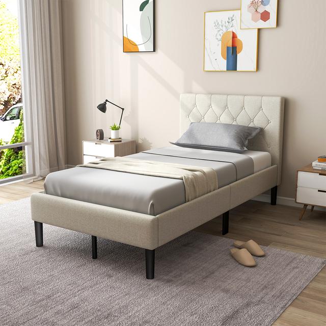 TEMU Maxmass Upholstered Platform Bed Twin Size Button Tufted Headboard Wooden Slats Support