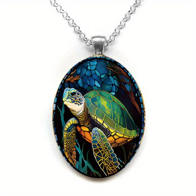 TEMU 1pc Turtle Pattern Pendant Necklace - Oval Alloy Glass Pendant, Romantic & Stylish Jewelry Accessory - Beach Vacations, Day, Father's Day, Valentine's Day Gifts &