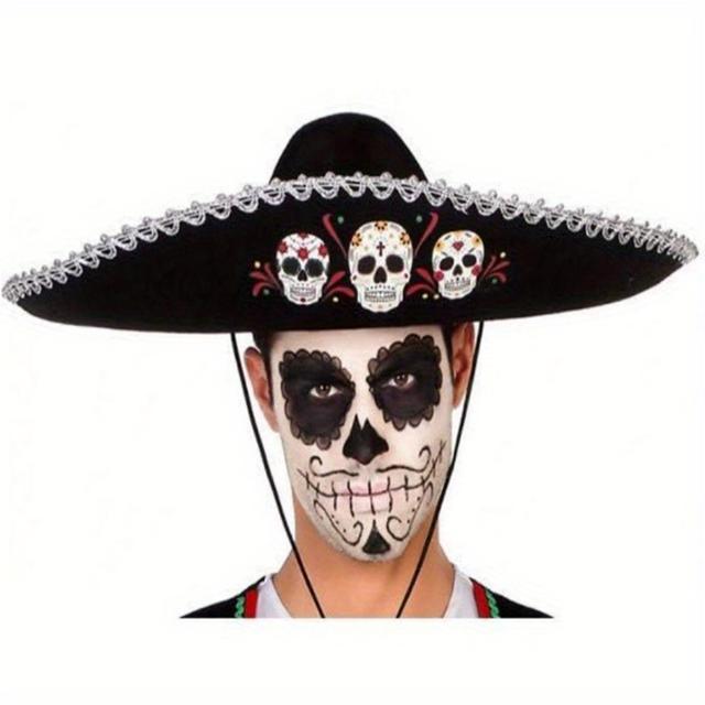 TEMU Extra Velký Sombrero s Lebkou a Serape Lemováním - Doplněk na de Mayo, Oslava Dne Mrtvých, Pouliční Styl, Dekorativní pro Kulturní Akce