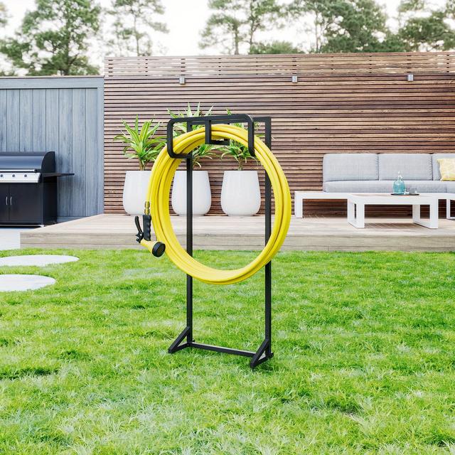 TEMU Heavy-duty Metal Garden Hose Holder, Freestanding Water Hose Reel Stand, Floor Mounted Hanging Shelf, Black, With No For Outdoor Use, Gardening Tool Organizer | | Durable Construction