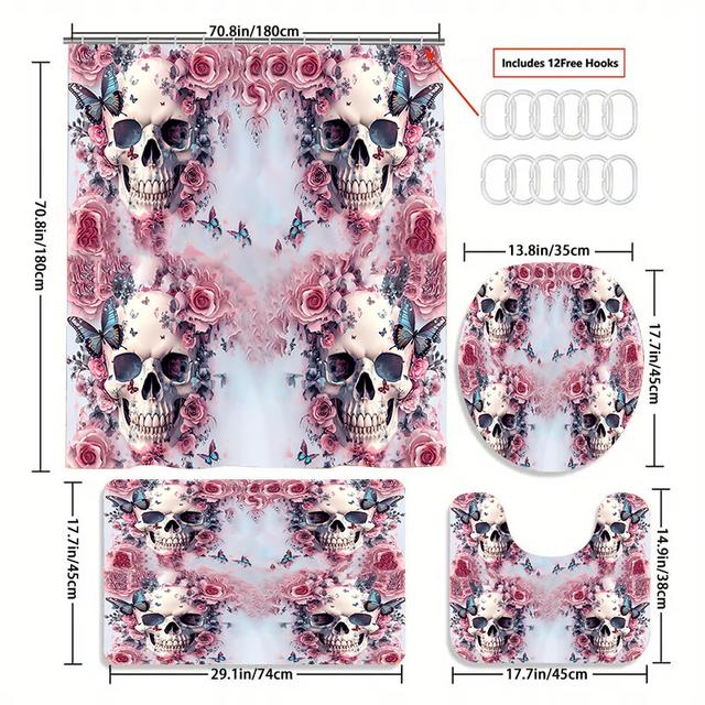 TEMU 1/4pcs Pink Bathroom Set, Includes 2d Flat Print Shower Curtain, Non-slip Bath Mat, Toilet Lid Cover, Bath Mat, And 12 Plastic Hooks, Bathroom Accessories, Home Decor, 2d Flat