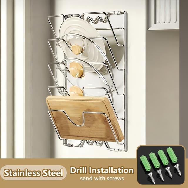 TEMU 1 X Metal Pot Lid Rack| Wall-mounted, Polished Surface, Multi-functional Kitchen Storage Organizer, Suitable For Kitchen And Dining Room,