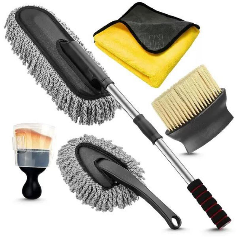 TEMU 4/5 pièces Kit de Dépoussiérage pour Voiture avec Manche Télescopique, Brosse Microfibre pour Grilles d'Aération, Nettoyage Intérieur et Extérieur