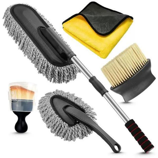 TEMU 4/5 pièces Kit de Dépoussiérage pour Voiture avec Manche Télescopique, Brosse Microfibre pour Grilles d'Aération, Nettoyage Intérieur et Extérieur