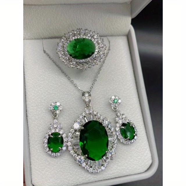 TEMU Necklace + Ring + Earrings Three-piece Jewelry Set Synthetic Synthetic Gems Pendant. Ring. Earrings For Daily, Party Wear Versatile Jewelry Gift Box, Without Battery