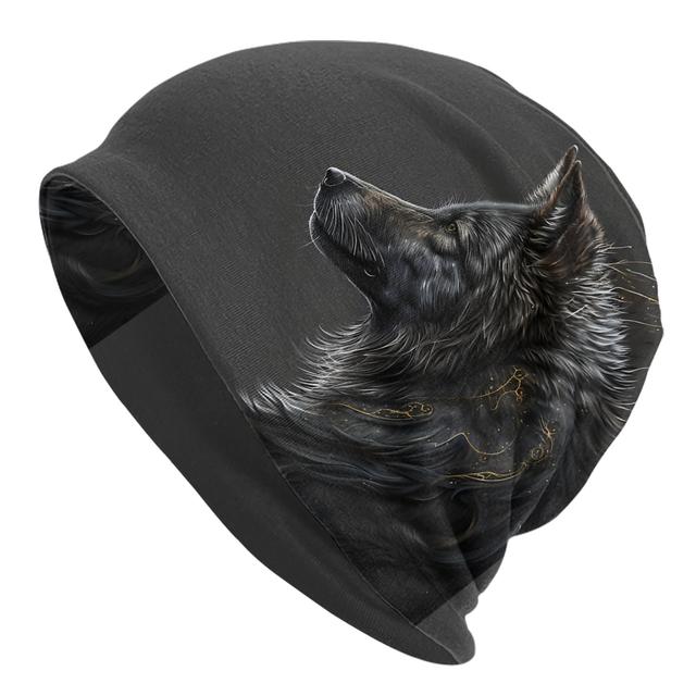 TEMU Realistische Wolfkopf-Design Beanie-Mütze mit Nachtmond - Schwarzer Unisex Hip-Hop Winterhut für Männer & Frauen, Stylisches Kopfbedeckungszubehör für Kaltes Wetter, Hochwertiger Druck