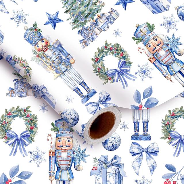 TEMU Christmas Wrapping Paper -- 17 32.8 Ft Blue Nutcracker Xmas Tree Wreath Gift Wrap Paper Decorative For Holiday Birthday Party Crafts Supplies