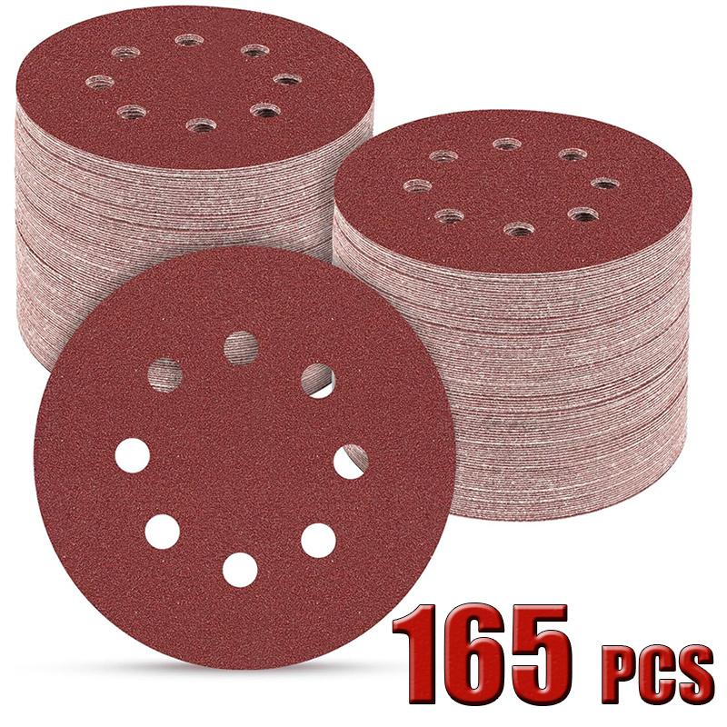 TEMU 165pcs 5 Inch Sanding Discs, Round Hook And Loop Sandpaper For Random Orbital Sander 40 60 80 120 150 240 320 400 600 Grit