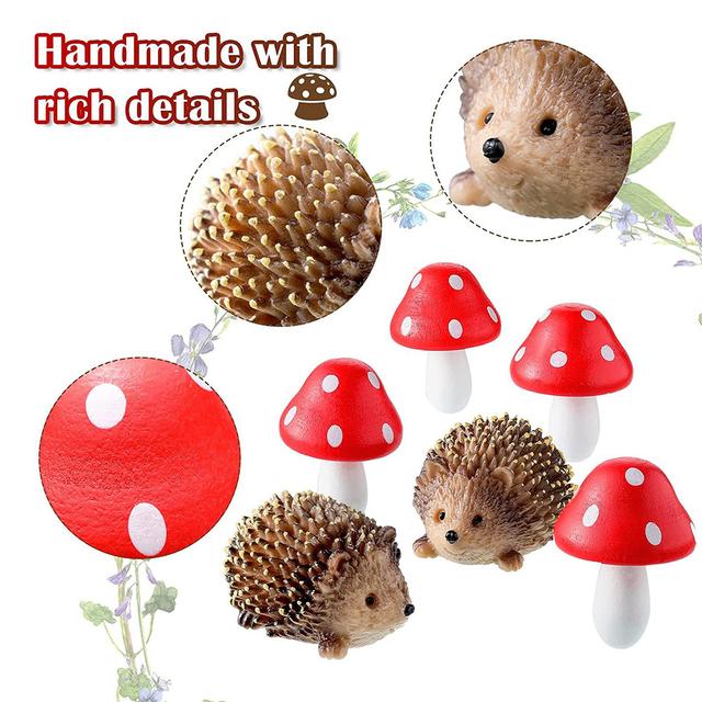 TEMU 2pcs/6pcs Woods Resin Hedgehog And Mushroom Figurines, Freestanding Miniature Fairy Garden Accessories, Cartoon Diy Decor For Plant Pot, No Electricity Required, Featherless