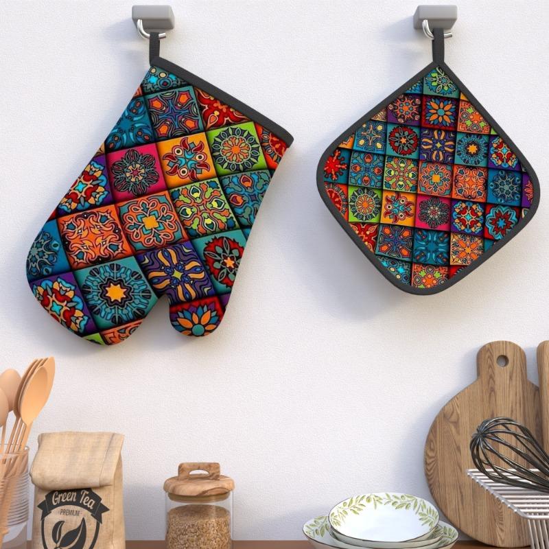 TEMU 2pcs 10.6*6.7 Inch Oven Mitts Pot Holders Square Partition Rich Pattern Heat Resistant Oven Mitts And Pot Holders Suitable For Cooking, Home Oven, Baking, Kitchen Decoration, Housewarming Gift Gm