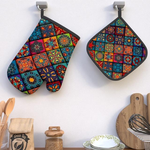 TEMU 2pcs 10.6*6.7 Inch Oven Mitts Pot Holders Square Partition Rich Pattern Heat Resistant Oven Mitts And Pot Holders Suitable For Cooking, Home Oven, Baking, Kitchen Decoration, Housewarming Gift Gm
