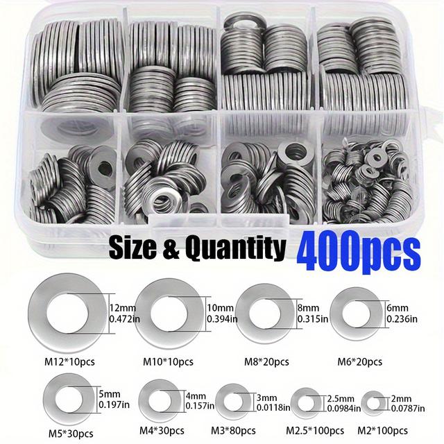 TEMU 400pcs Stainless Steel Flat Washer Combination Kit, Home Decor, Industrial Repairs, Kitchen, Mechanical And Outdoor Construction Maintenance, Diy Projects For M2-m12