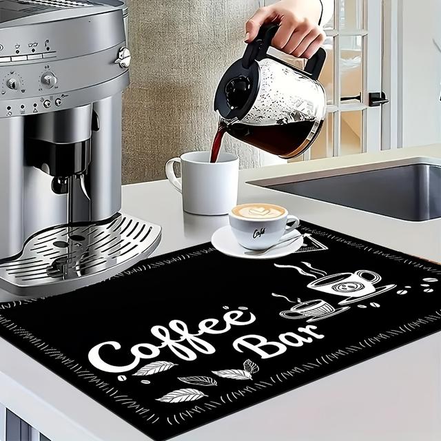 TEMU 1pc Coffee-themed Non-slip Absorbent Counter Mat With Coffee Bean & Espresso - Black Coffee Station Decor Suitable For Kitchen, Cafe, Restaurant Countertops, Tableware Drying - Mat