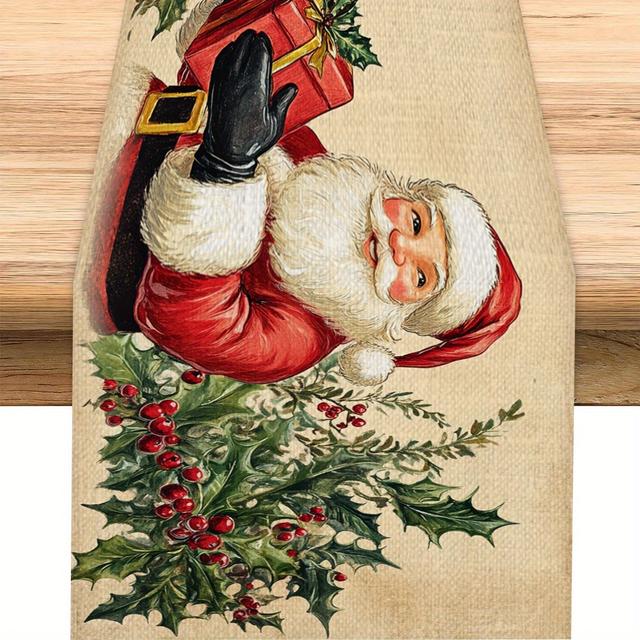 TEMU 1pc Festive Christmas Santa Claus And Gifts Table Runner - Square Woven Polyester Home Decor For Dining, Guest, And Coffee Tables - Holiday Themed Decoration