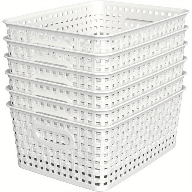 TEMU Set Of 6 Plastic Storage Baskets In White, Measuring 10.1" X 7.55" X 4.1", Ideal For Organizing Your Home, Office, Desktop, Wardrobe, And Bathroom, Shelf Baskets