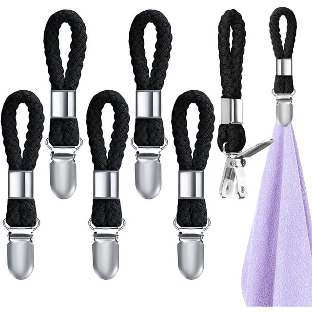 TEMU 6-pack Black Towel Clips With Long Rope, Metal Seamless Towel Hooks, No-electricity Needed, Towel Hangers With Loops For Hanging Towels