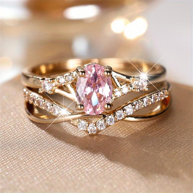 TEMU 2pcs/set Golden Color Oval Cut Ring Set Wedding Band Valentine's Day Jewelry